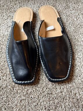 Men's Black Leather Slide Mules - Minimal Slip-On Dress Shoe